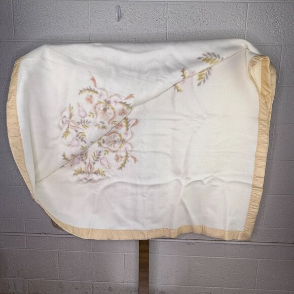 Vintage Satin Edge Blanket Brown & Pink Floral Print On White 70x90 - Picture 7 of 9
